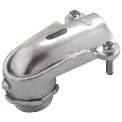 This RACO squeeze elbow connector is made of iron and designed for use with flexible metal conduit. It provides a 90° connection with a squeeze-type termination, suitable for routing conduit in electrical raceway systems. The connector is non-insulated and complies with UL 514B standards.