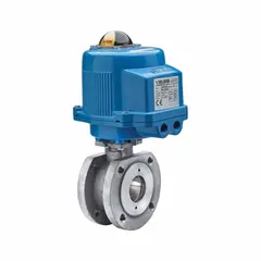 This electrically-actuated ball valve features a stainless steel body with 4-inch flange x flange connections and operates on 12V AC/DC. It includes an ISO 5211 actuator mounting pad and a manual override for local operation. Typical applications include on/off flow control of liquids and gases in industrial piping systems.