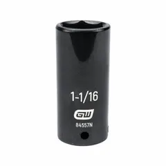 This 1/2" drive impact socket features a 1-1/16 in SAE 6-point design for use with impact wrenches. The black oxide finish provides corrosion resistance. Commonly used in automotive repair and industrial maintenance for fastening and loosening bolts.