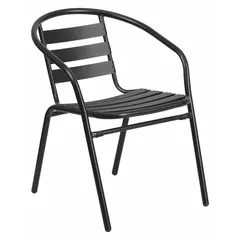 This armchair features a black powder-coated steel frame and a black aluminum seat. Seat height is 17 inches and seat width is 16 3/4 inches. Suitable for outdoor seating in commercial patios, hospitality venues, and industrial break areas.