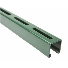 This slotted strut channel is fabricated from 12-gauge steel with a painted green finish. It features long slotted holes measuring 13/32 inch by 3 inches, spaced 4 inches on center. Designed for structural support and mounting applications, it provides a versatile framework for securing piping, conduit, cable trays, and mechanical equipment.