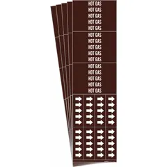Brown pipe markers with white legend text reading 'Hot Gas', designed for pipes with an outside diameter of 3/4 inch and smaller. Each pack contains 3 markers with arrows to indicate flow direction, sold in a 5-pack quantity. Used to identify pipes carrying hot gas in industrial facilities.