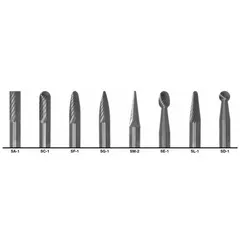 This set includes eight double-cut carbide burs with a 1/4" shank and 1/4" head diameter, trade number SD-1. Designed for material removal, deburring, and finishing on metals and composites, these burs are suitable for use with die grinders in general industrial applications.