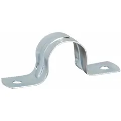 Steel two-hole strap clamp for surface mounting 1/2 in EMT conduit and pipe. Electroplated gray finish with corrosion resistance. Measures 2-9/32 in length, 19/32 in width, 3/4 in height, 0.03 in steel thickness. cULus listed. Screw-on mounting.