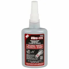 Red, oil-tolerant, primerless high-strength threadlocker supplied in a 1.69 fl oz bottle. Secures threaded fasteners against loosening from vibration without requiring a separate primer. Suitable for industrial assembly and maintenance applications.
