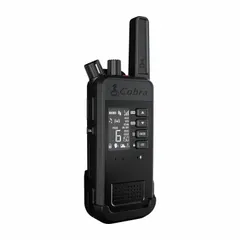 UHF analog handheld two-way radio with 2 W output power and 6 channels. Features an alphanumeric display and 18-hour battery life. Requires an FCC license for operation. Suitable for short-range voice communication in business and industrial settings such as warehouses, construction sites, and event management.