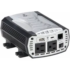 The COBRA CPI500W inverter converts 13V DC battery power to 115V AC at 60 Hz with a modified sine wave output. It delivers 500 W continuous power through four AC outlets and features input terminals for DC connection. Suitable for powering tools, electronics, and equipment in vehicles or remote locations without grid power.