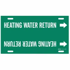 Snap-on pipe marker for identifying heating water return lines. Green background with white legend and directional arrows. Fits pipe outer diameters of 8 to 9-7/8 inches. Single marker included.