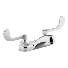 Centerset handle bathroom faucet with low arc spout. Constructed of brass with polished chrome finish. Flow rate of 1 gpm. Suitable for residential and commercial bathroom sinks.