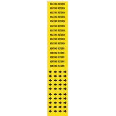 Yellow adhesive pipe marker with black legend text reading 'Heating Return'. Designed for pipes with outer diameter 3/4 inch and smaller. Set includes 3 markers without arrows. Used to identify heating return lines in industrial piping systems.