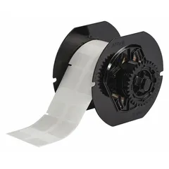 This precut label roll is made of white matte vinyl and measures 1-3/4 in x 1 in. It is designed for wrapping around wires of 12 AWG to 10 AWG gauge. The labels are compatible with the i3300 printer series and require B30-R4300 ribbon for printing. Typical applications include wire and cable identification in electrical panels and industrial equipment.