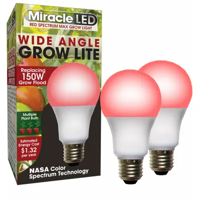 MIRACLE LED Grow Bulb: LED, A19, 120V, Full/Broad/Red - Plant Growth Bulbs