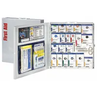 This unitized first aid kit meets ANSI/ISEA Z308.1-2021 Type I/II Class A standards. Contents include 50 adhesive bandages, 10 burn cream packets, and a triangular bandage. Suitable for use in industrial, office, and facility settings to treat minor cuts, burns, and wounds