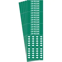 Green adhesive pipe marker with white 'Low Pressure' legend and directional arrows. Designed for pipes with outer diameter of 3/4 inch or smaller. Each pack contains 3 markers (5 packs total). Used to identify low-pressure fluid or gas lines in industrial piping systems