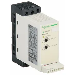 Soft start for three-phase induction motors, reducing mechanical stress and electrical inrush current. Output current 9 A, control voltage 24V DC, with integrated bypass. Enclosure IP20/NEMA 1, operating at 60/50 Hz. Suitable for applications such as pumps, fans, compressors, and conveyors.
