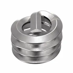 Free-running tanged helical insert for #10-24 UNC threads, plain finish, 18-8 stainless steel construction. Used to repair or reinforce tapped threads in metal assemblies, particularly in soft materials like aluminum. Supplied in a 1,000-piece pack.