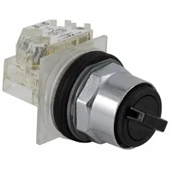 This 30 mm panel-mount selector switch from the 9001K series features a short-handled knob, non-illuminated polycarbonate operator head, and metallic bezel. It offers maintained/momentary action with two positions (Off and Momentary) and SPDT contacts, rated 6 A @ 120 V AC and 0.1 A @ 600 V DC. Suitable for industrial control circuits requiring temporary activation, such as jogging or test functions.