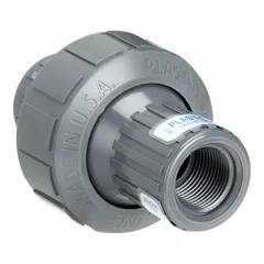 This check valve features a PVC body with FNPT female connections on both ends, sized for 3/4 inch pipe. The FKM diaphragm provides sealing against backflow in corrosive fluid systems. Typical applications include chemical processing, water treatment, and industrial piping where resistance to aggressive media is required.