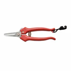 Spring-assisted shears with straight stainless steel pointed blades and a red handle. 6-inch overall length. Ambidextrous design. Suitable for cutting dry materials such as wire, cable, and light-gauge metal in industrial trimming, electrical work, and packaging tasks.