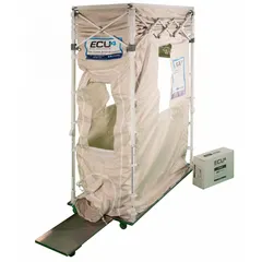 Particle containment unit with overall height 11 ft, overall length 62 in. Used to create controlled environments for industrial processes such as machining, assembly, or testing, containing airborne particles to protect equipment and personnel.
