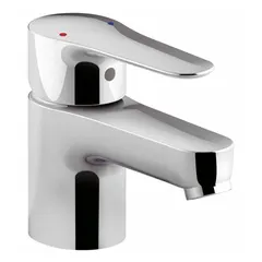 Single-post handle bathroom faucet with brass body and polished chrome finish. Features a 0.5 gpm flow rate and NPT connections. Suitable for residential and commercial bathroom sinks.