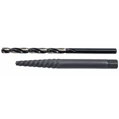 This set includes a #6 spiral-flute extractor and a 13/32 in drill bit, designed for removing broken or stripped screws in metal, wood, or plastic. The extractor is suitable for fasteners with a capacity of 3/4 in to 1 in. Typical applications include automotive repair, construction, and general maintenance tasks.