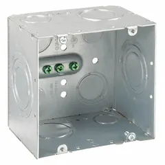 Square steel electrical box with flush bracket, 2 gangs, no clamps. Dimensions: 4-11/16 in width and height, 3-1/4 in depth. Used for flush-mount installations of wiring devices, switches, or outlets in commercial and industrial settings.
