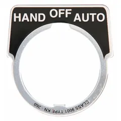 Half-round legend plate for 30 mm panel openings. Metallic aluminum construction with black engraved legend reading 'Hand-Off-Auto'. Overall height 1 3/4 in, overall width 1 5/8 in. Used to label push-button stations in industrial control panels.