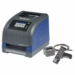 PC-connected, single-color thermal transfer printer for cable and wire labeling. Includes cleaning kit, battery, and Brady Workstation Product and Wire ID Software Suite. Suitable for industrial identification and organization of wiring systems.