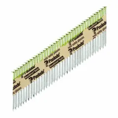 Collated framing nails with offset round ring shank and conical point, made of steel. Shank diameter 0.113 in, overall length 2 in. Used for high-speed framing, sheathing, and truss assembly in wood construction.