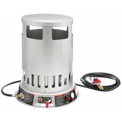 Portable gas convection can heater with 200,000 BtuH output, heating area up to 4,700 sq ft. Fuel consumption 9.28 lb/hr. Overall dimensions 26-3/16 in H x 15-7/8 in W x 15-7/8 in D. Suitable for temporary or supplemental heating in large indoor or semi-enclosed spaces.