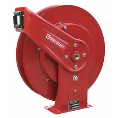 This spring-return hose reel is designed for dispensing grease in industrial lubrication and automotive service applications. It features a nickel-plated steel swivel and a red finish, with a hose capacity of 50 ft of 3/8 in I.D. hose and a maximum operating pressure of 5,000 psi. Overall dimensions are 19-3/4 in L x 7 in W x 20-1/4 in H.