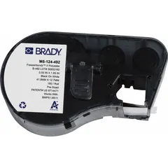 Thermal transfer precut label roll cartridge containing 180 rectangle labels, each 1 21/32 in x 1/2 in, made of cryogenic polyester. Compatible with BMP53 printer series. Designed for labeling 1.5 to 2.0 mL vials or tubes in laboratory and cold-chain environments.