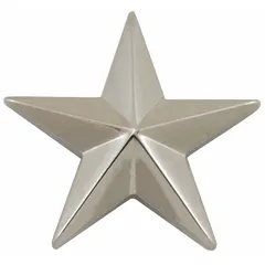 This metallic rank insignia features a star shape in silver finish, measuring 5/8 in. Constructed from metal, it attaches to uniform fabric via a clutch pin. Commonly used for displaying rank on military, law enforcement, or security uniforms.