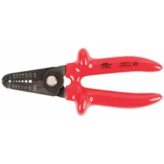 This wire stripper handles solid wire from 20 AWG to 10 AWG (10 to 20 mm). It features an insulated standard cushion grip for user safety and comfort. The overall length is 6 5/16 in. Suitable for electrical stripping tasks in maintenance and installation work.
