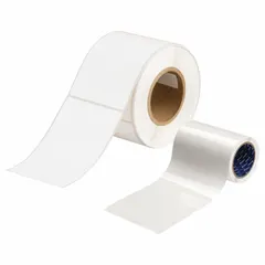 White polyester label protection overlaminates kit with permanent adhesive. Includes materials for creating durable labels used in industrial identification, asset tagging, and safety signage. Suitable for facility management and electrical environments.