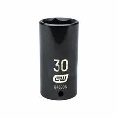 This 1/2" drive impact socket features a 30 mm, 6-point metric configuration with a black oxide finish. Designed for use with impact tools, it is suited for heavy-duty fastening applications such as automotive repair, industrial maintenance, and construction.