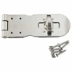 This locking hasp is made of stainless steel for corrosion resistance. It measures 1 9/16 inches in height, 1 3/8 inches in length, and 4 3/4 inches in width. Commonly used to secure enclosures, cabinets, and access panels in industrial and commercial settings.
