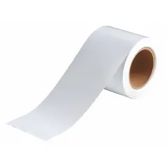 White vinyl solid color banding tape for pipe identification. Non-reflective, 4 inches wide by 90 feet long (1,080 inches). Used to mark pipe contents, flow direction, or hazard levels in industrial facilities.