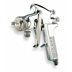 This conventional spray gun from DEVILBISS features a 10-inch aluminum body and is designed for applying primers. It has a 1/4-inch NPS air inlet and consumes 12 cfm at 45 psi. Suitable for industrial finishing tasks requiring consistent primer application.