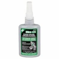 VIBRA-TITE 56750 is a high-temperature retaining compound supplied in a 1.7 fl oz bottle. The green formulation is resistant to high temperatures and tolerant of oil, making it suitable for securing cylindrical assemblies such as bearings, bushings, and sleeves in machinery exposed to heat and lubricants