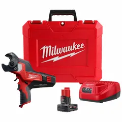 This cordless cable cutter features a C-head design with a 1 3/16 in cutting capacity. It is rated for cutting communication cable, 600 MCM copper, and 750 MCM aluminum conductors. The tool operates on the M12™ battery system and includes a charger. Typical applications include cutting cables in electrical installations and wiring projects.