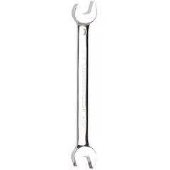 This SAE double-end speed-style open end wrench features a 9/16-inch head size and a 7 1/2-inch overall length with an offset design. Made of alloy steel with a chrome finish, it is suited for turning fasteners in confined spaces where quick engagement is required.