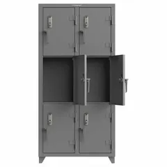 Freestanding steel locker with 3 tiers and 2 units wide, providing 6 compartments each 18 in x 24 in. Gray finish, electronic keypad lock, and swing handle. Suitable for secure storage of mobile devices and personal items in educational, fitness, or workplace settings.