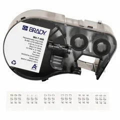 Vinyl precut label cartridge for wire and cable identification. Black on white, 1/2 in x 1/2 in size, designed for 22 AWG to 16 AWG wire gauge. Compatible with M510 printer series; requires R6200 ribbon. Used for industrial panel labeling, cable marking, and electrical maintenance.