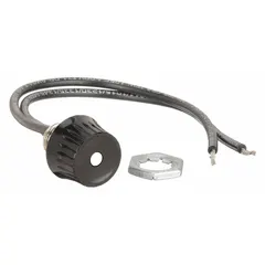 SPST rotary switch with 2 positions (On/Off) from the R135 series. Rated 1.5 A at 250 V AC and 5 A at 12 V DC. Features a 1/2 in panel mounting size and wire lead terminals. Suitable for industrial control panels and equipment requiring reliable switching of low-current circuits.