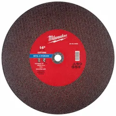 General-purpose cut-off wheel for carbon and stainless steel. Aluminum oxide construction with 30 grit. Measures 14 inches in diameter and 1/8 inch thick with a 20 mm arbor. Suitable for metal fabrication, construction, and maintenance cutting tasks.