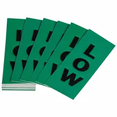 Replenishment label kit containing 50 green pipe markers with black 'Low' legend and directional arrows. Designed for pipes with an outer diameter of 8 inches and larger. Used in industrial facilities to identify pipes carrying low-pressure contents.