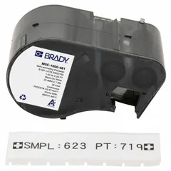 Thermal transfer continuous label roll cartridge for printing cryogenic autoclavable polyester labels. Black on white, 25 ft length. Compatible with M511 printer series. Accommodates vial/tube sizes from 2.0 to 50.0 mL for laboratory sample identification.