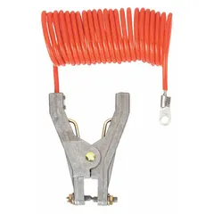 This terminated bonding and grounding wire is 10 ft long with a galvanized steel conductor. It features a hand clamp with a 3/4 in opening span and a 1/4 in terminal screw. Used to connect equipment or structures to a ground point for static dissipation or fault current protection.